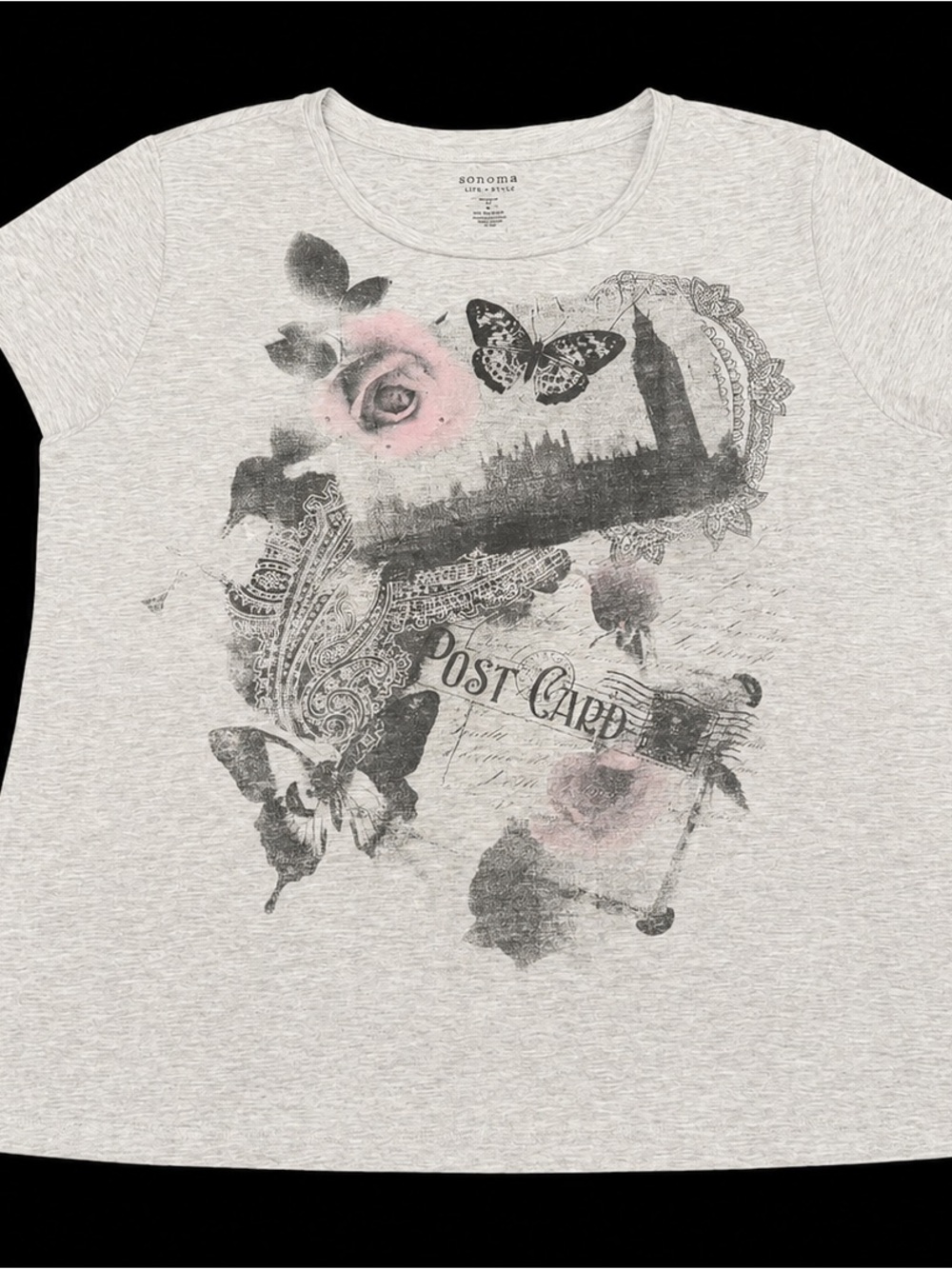 Sonoma Life + Style 1X Gray London Rose Butterfly Graphic Top